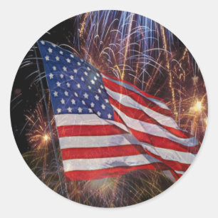 Sticker Rond Drapeau Américain Et Design Fireworks