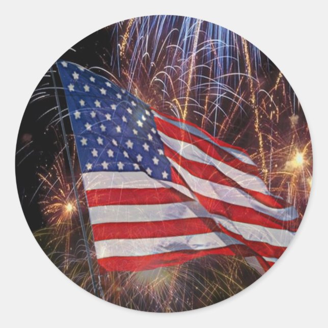 Sticker Rond Drapeau Américain Et Design Fireworks (Devant)