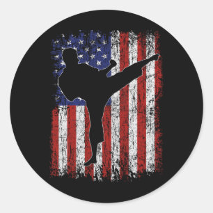 Sticker Rond Drapeau Américain High Kick Karate Silhouette Part
