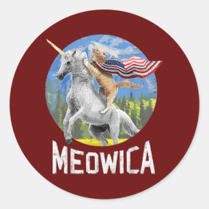 Sticker Rond Drapeau américain Meowica Unicorn Chat Patriotique