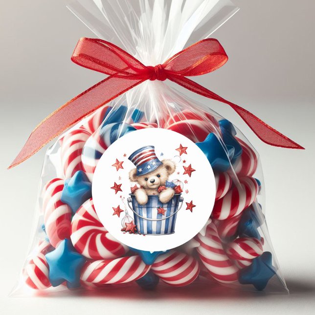 Sticker Rond Drapeau américain Patriotic Teddy Bear Stars (Cute patriotic teddy bear sticker)