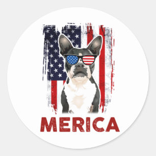Sticker Rond Drapeau américain patriotique Boston Terrier Meric