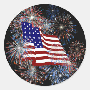 Sticker Rond Drapeau américain patriotique et feux d'artifice