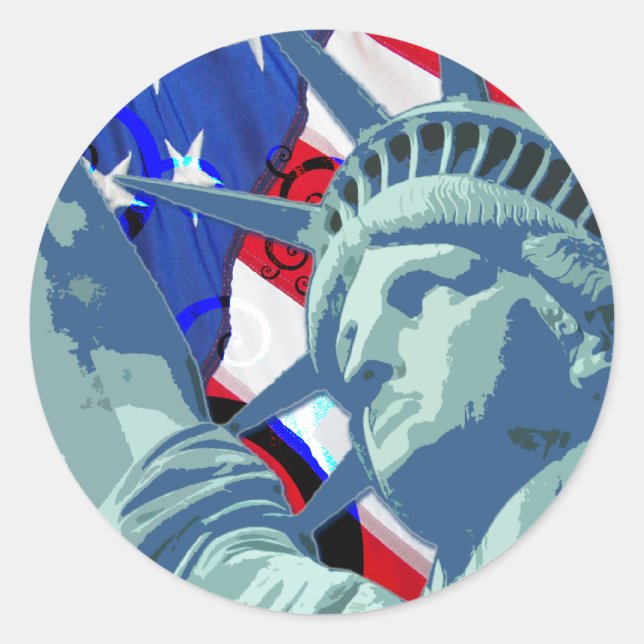 Sticker Rond Drapeau américain patriotique et statue de la libe (Devant)