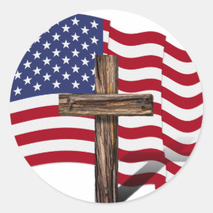 Sticker Rond Drapeau américain qui flotte et croix robuste