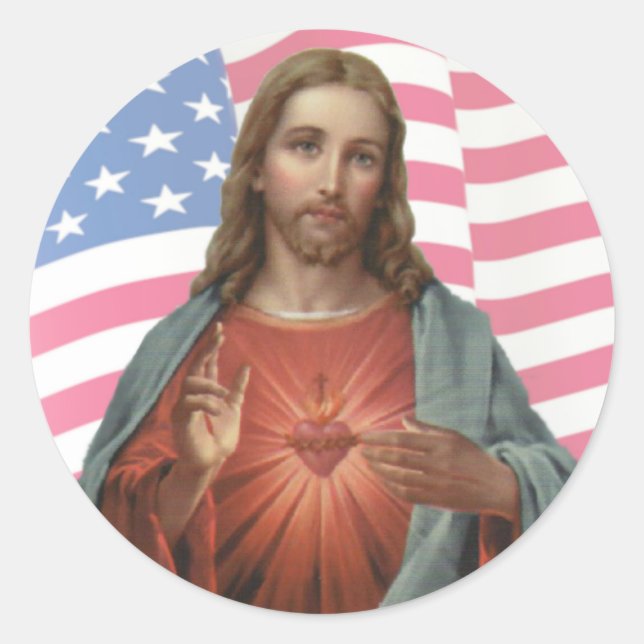 STICKER ROND DRAPEAU AMÉRICAIN SACRÉ COEUR DE JÉSUS (Devant)