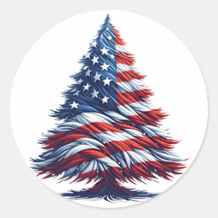 Sticker Rond Drapeau américain sapin de Noël Art patriotique