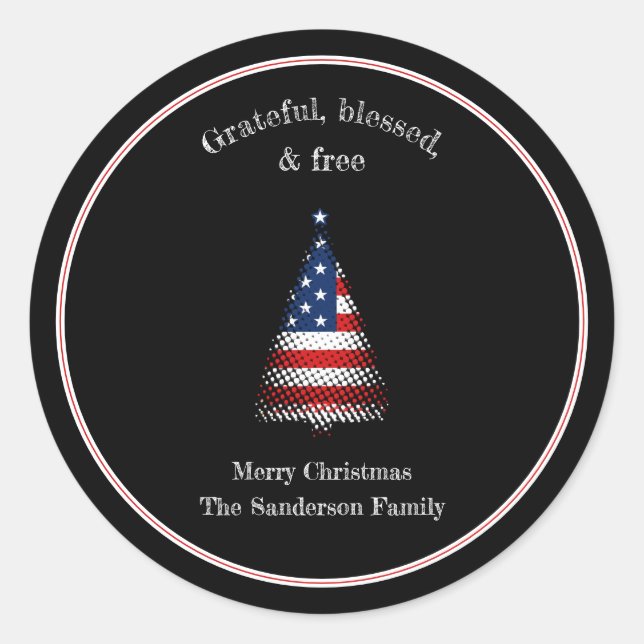 Sticker Rond Drapeau américain sapin de Noël béni (Devant)