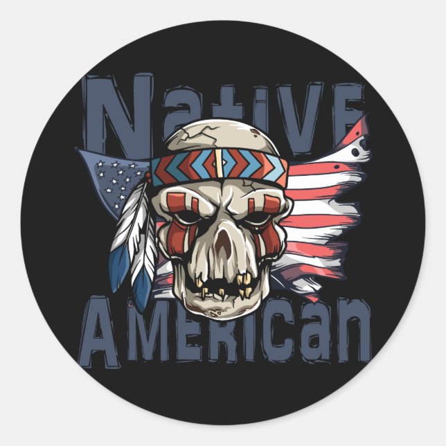Sticker Rond Drapeau amérindien de guerrier crâne américain (Devant)