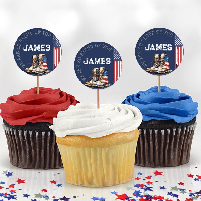 Sticker Rond Drapeau BLUE - Bottes militaires - Départ de la pa (Navy blue patriotic US flag combat boots proud personalized name military party cupcake pick sticker)