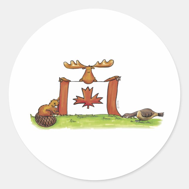Sticker Rond Drapeau canadien avec orignal, castor et oie (Devant)