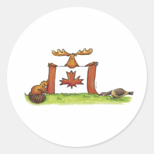 Sticker Rond Drapeau canadien avec orignal, castor et oie