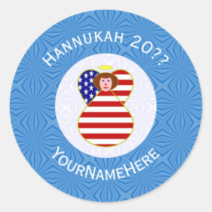 Sticker Rond Drapeau de Hanukkah USA Angel Cheveux Rouges Perso