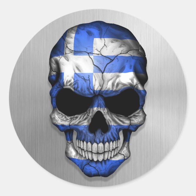 Sticker Rond Drapeau de la Grèce sur un crâne d'acier (Devant)