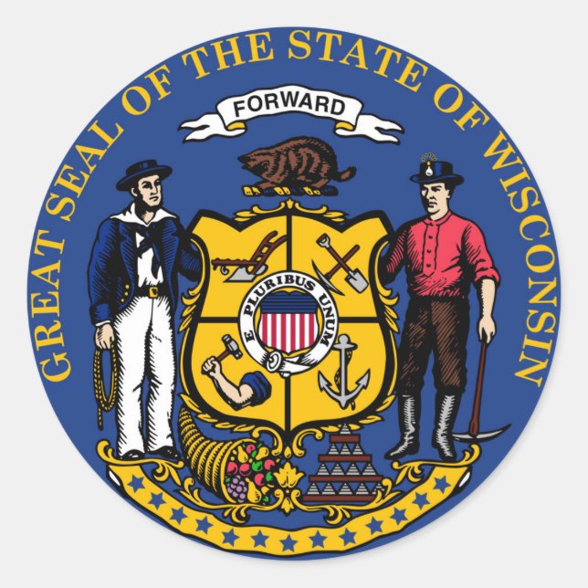 Sticker Rond drapeau de l'État du Wisconsin sceau de l'Amérique (Devant)