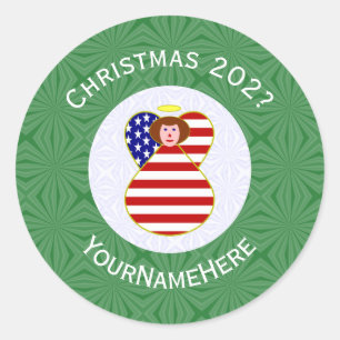 Sticker Rond Drapeau de Noël USA Ange Cheveux Rouges Personnali