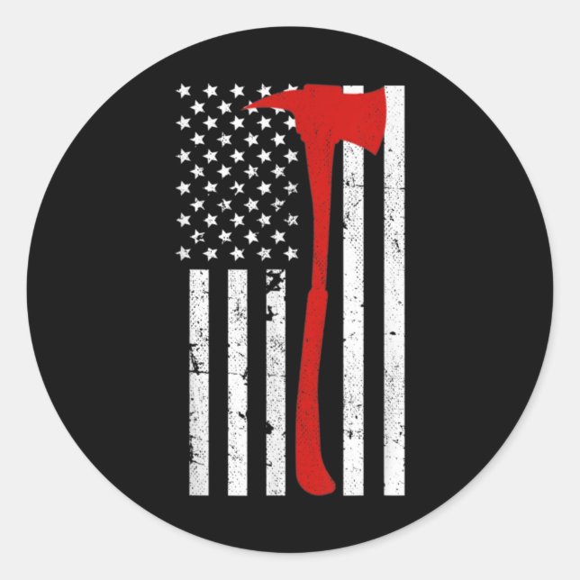 Sticker Rond Drapeau de pompier américain mince Red Line Ax (Devant)