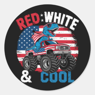Sticker Rond Drapeau du 4 juillet camion monstre dinosaure Dino