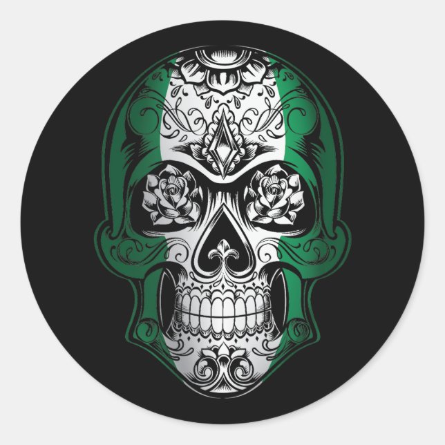 Sticker Rond Drapeau Du Crâne Et Du Rose Du Nigeria (Devant)
