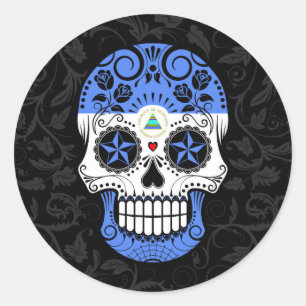 Sticker Rond Drapeau du Nicaragua crâne à sucre avec Rose