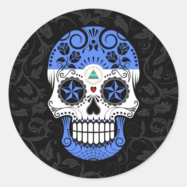 Sticker Rond Drapeau du Nicaragua crâne à sucre avec Rose (Devant)
