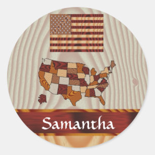 Sticker Rond Drapeau et carte en bois américain