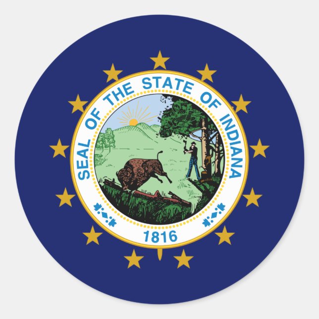 Sticker Rond Drapeau et phoque Hoosier, Drapeau de l'Indiana (Devant)