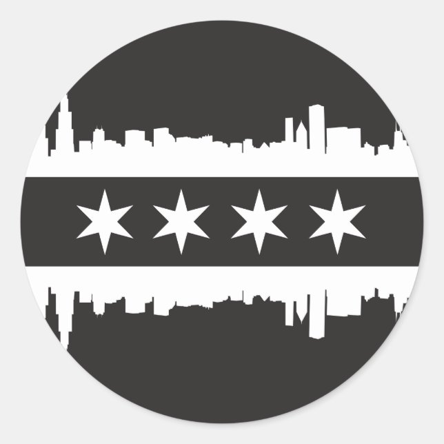 Sticker Rond Drapeau/horizon de Chicago dans noir et le blanc (Devant)
