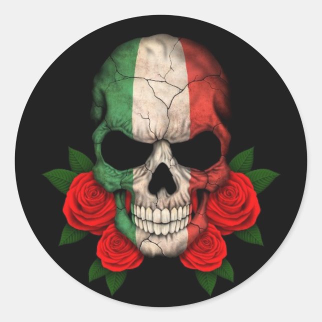 Sticker Rond Drapeau italien crâne avec roses rouges (Devant)