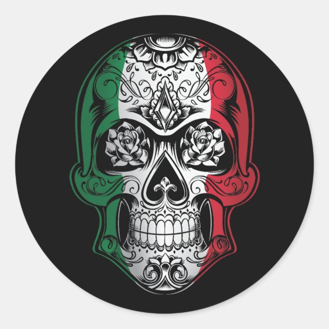 Sticker Rond Drapeau Italien Crâne Et Rose (Devant)