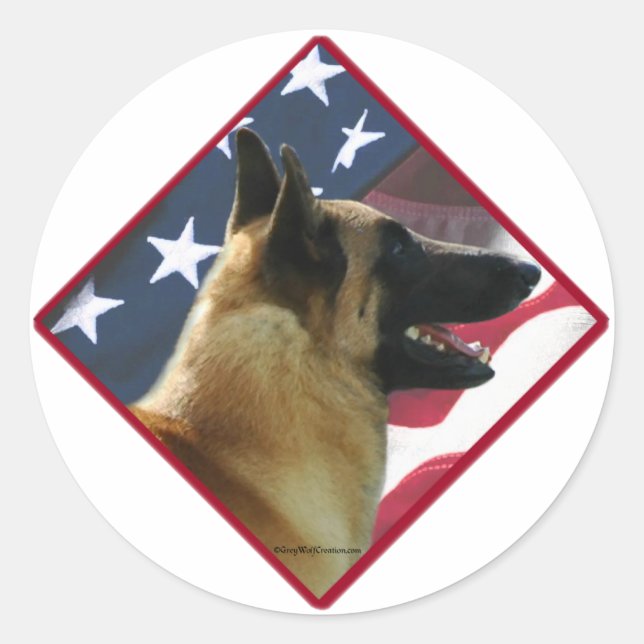 Sticker Rond Drapeau Malinois belge ; 4 juillet Malinois, États (Devant)