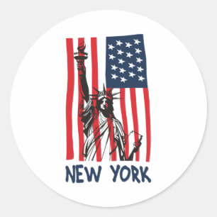 Sticker Rond Drapeau New York NY Statue de Liberty USA Amériqu