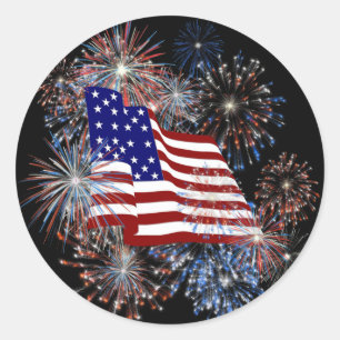 Sticker Rond Drapeau patriotique américain KRW et feux d'artif