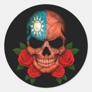 Sticker Rond Drapeau taïwanais crâne avec des roses rouges