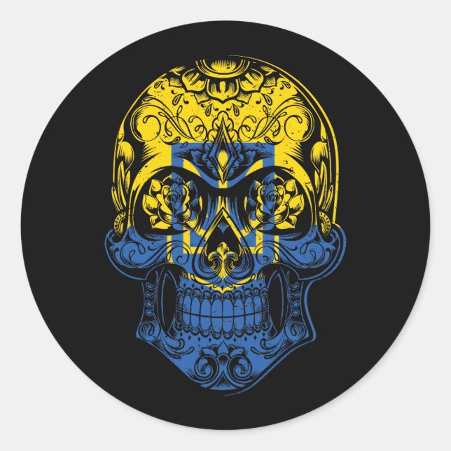Sticker Rond Drapeau Ukraine Crâne Et Rose (Devant)