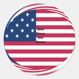 Sticker Rond Drapeau USA avec Dieu Bénissez notre maison design