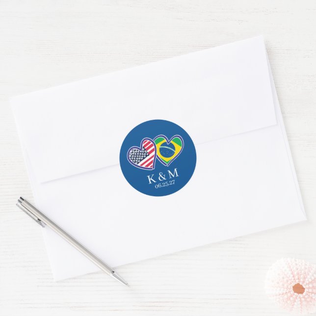 Sticker Rond Drapeaux cardiaques brésiliens américains (Enveloppe)
