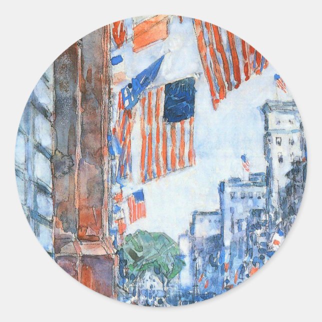 Sticker Rond Drapeaux Cinquième Avenue par Childe Hassam, Art V (Devant)