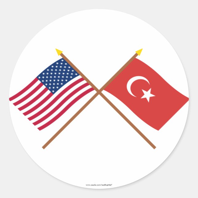 Sticker Rond Drapeaux croisés des États-Unis et de la Turquie (Devant)