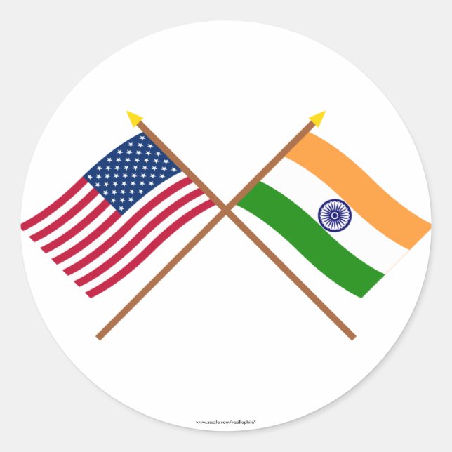 Sticker Rond Drapeaux croisés des États-Unis et de l'Inde (Devant)
