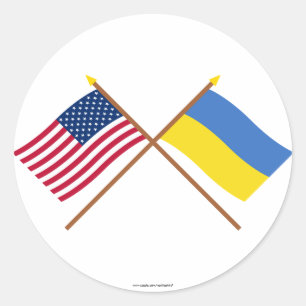 Sticker Rond Drapeaux croisés des États-Unis et de l'Ukraine