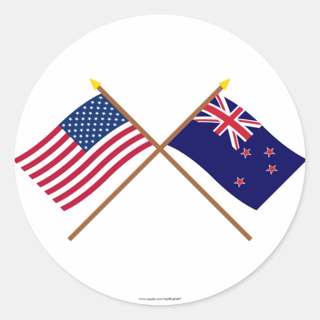 Sticker Rond Drapeaux croisés des États-Unis et de Nouvelle-Zél (Devant)