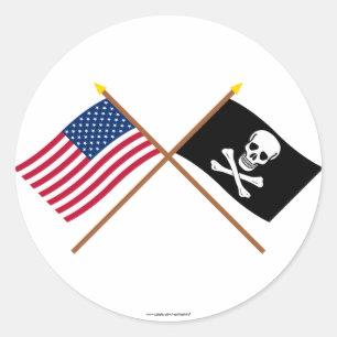 Sticker Rond Drapeaux croisés des États-Unis et des pirates