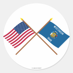 Sticker Rond Drapeaux croisés des États-Unis et du Wisconsin