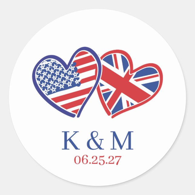Sticker Rond Drapeaux de coeur US UK (Devant)