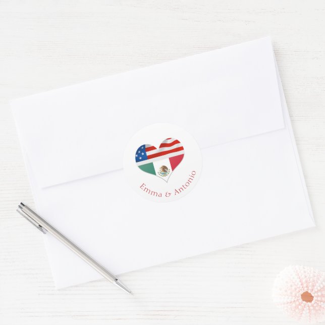 Sticker Rond Drapeaux et coeurs mexicains et américains mariage (Enveloppe)