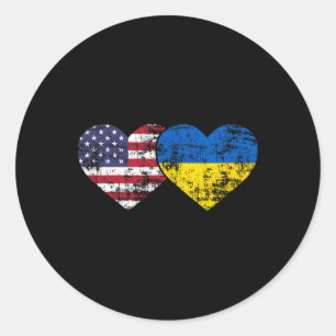 Sticker Rond Drapeaux Ukrainiens Américains Vintage Cœurs Amour