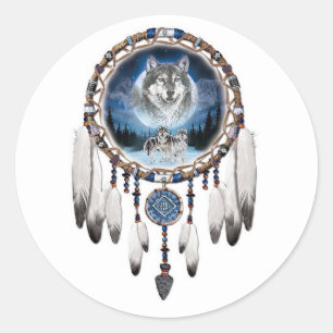 Sticker Rond Dream Catcher avec arrière - plan loup