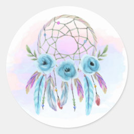 Sticker Rond Dreamcatcher Aquarelle Plumes Rustique Boho Chic