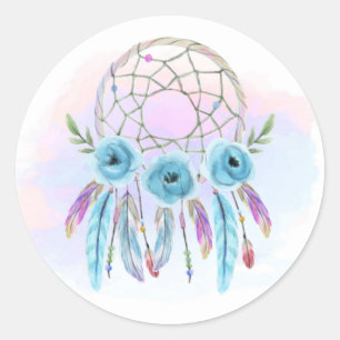 Sticker Rond Dreamcatcher Aquarelle Plumes Rustique Boho Chic